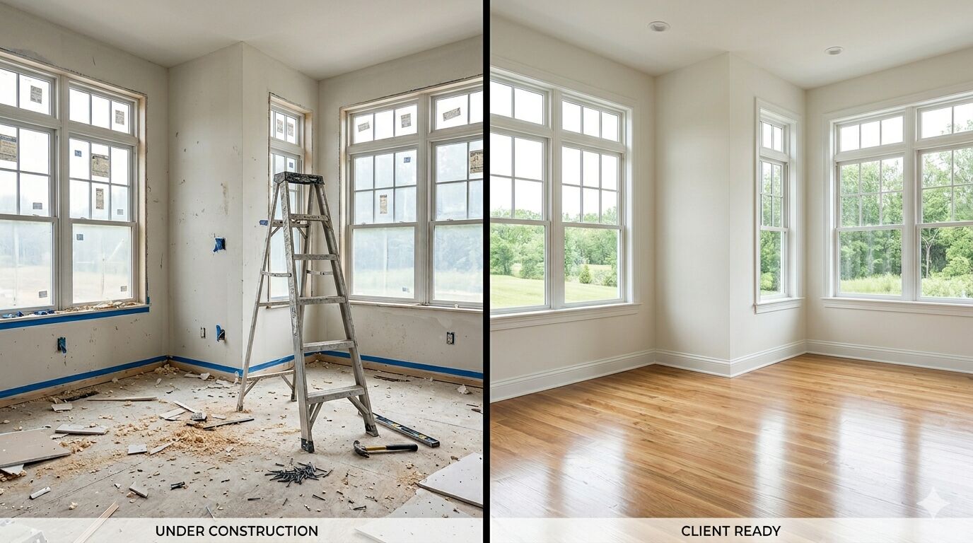 Before and after of post-construction cleaning, drywall dust and debris on left, polished move-in ready space on right