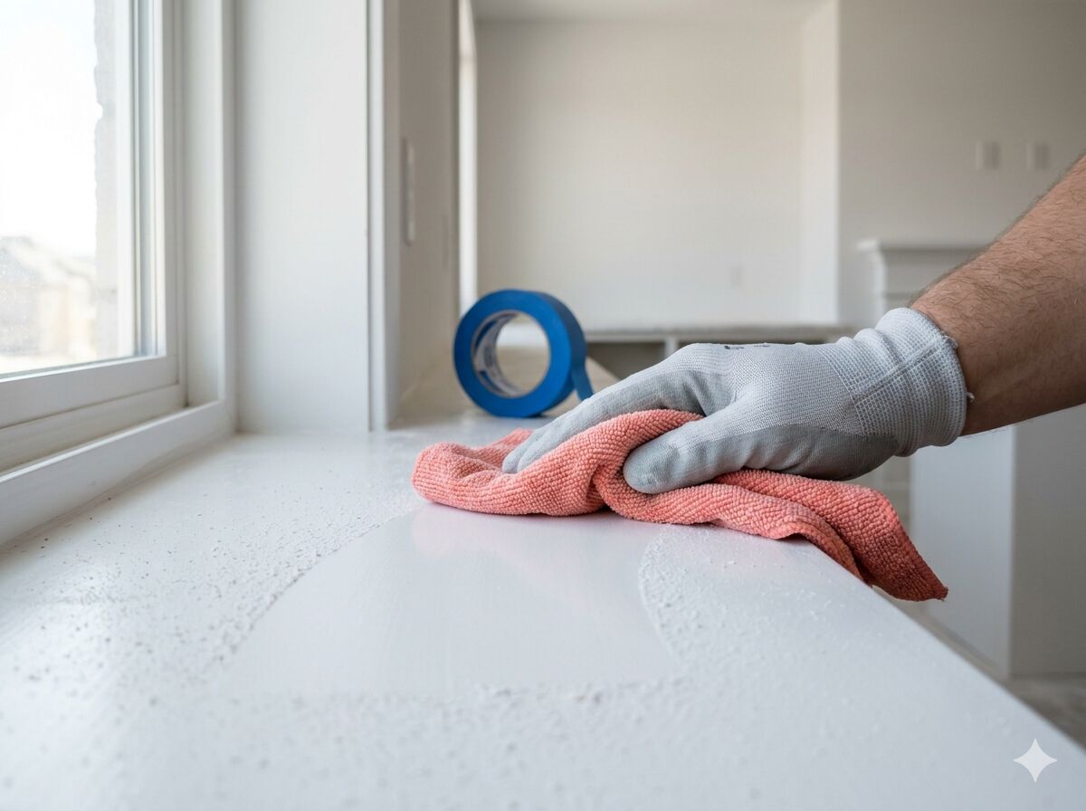 Gloved hand wiping fine drywall dust from a window sill, painter's tape visible in background