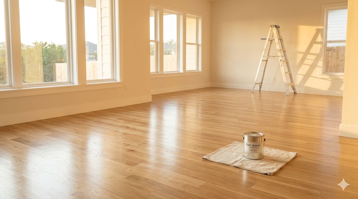 Pristine Austin home interior after post-construction cleaning, polished hardwood floors and freshly cleaned windows